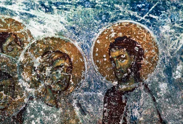 Figures of saints, fresco in church of Taxiarhon, Old Pyli, Kos island, Greece