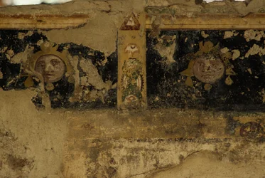 Fresco fragments, Salus Augusta Temple-Cryptoporticus, ancient Roman city of Urbs Salvia, Urbisaglia, Marche, Italy