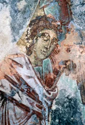 Male figure, damaged fresco on ceiling of church of Agios Vasileios, Vavouledo, Crete, Greece