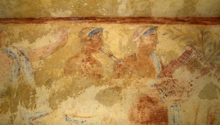 Musicians, fresco, (detail), Tomb of the Blue Demons, Necropolis of Tarquinia, Lazio, Italy. Etruscan civilization, 5th century BC