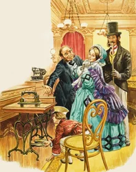 A Victorian lady admires the new treadle sewing-machine in a showroom, as her husband looks on