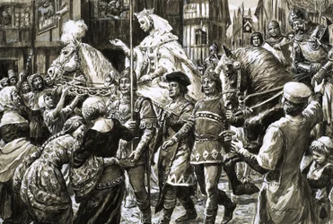 The English people welcome the rebel army of Queen Isabella and Roger Mortimer