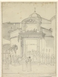 Church of Saints Cosmas and Damian (Temple of Romulus and Remus) with Monks in Procession Exiting the Church Door