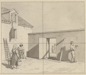 Linear Perspectives, Applied to Painting - Draft for Unused Illustration - Danish Courtyard with Four Farmers and Craftsmen
