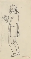 Satirical Sheet; A Smiling Man, Seen from the Side, with Both Hands in Front of the Chest, and Part of a Light Pencil Sketch [Cut Off]