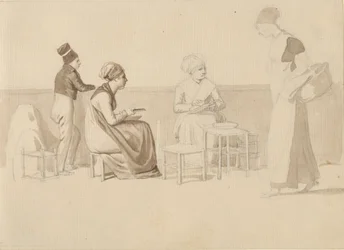 Scene from a Yard or Quay in Paris. Four Sitting, Standing, and Walking Figures.