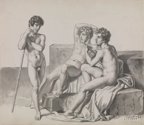 Three young nude boys standing or sitting among stone blocks.
