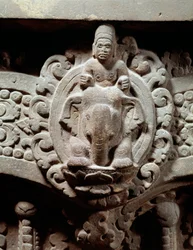 Khmer art: "The god Indra in the center on Airavata and the Maruts, the gods of storm and wind". Stone lintel in the style of Sambor Prei Kuk (600-650). From Cambodia. Paris, Musée Guimet, National Museum of Asian Arts