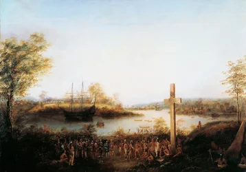 Jacques Cartier erecting cross at Stadacona where city of Quebec now stands