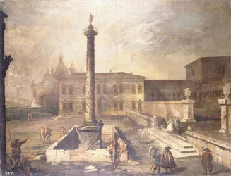 A Capriccio of a Piazza in Front of a Palace with the Column of Marcus Aurelius