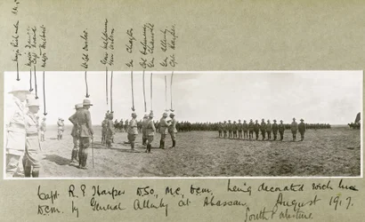 General Allenby Decorating Captain Harper with the D.C.M. at a Ceremony at Abassan, South Palestine, August 1917