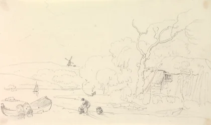 Sketch of a Cottage by the River with a Windmill in the Distance