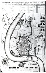 Londonderry Besieged by General Hamilton and Conrad de Rosen, engraved by J. Sturt, 1689