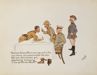 Defence Commanders proving that the two 6.3 inch Howitzers are absolutely necessary in his particular section (from The Leaguer of Ladysmith, 1900)