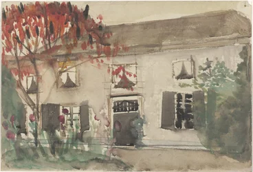 House with Front Garden and Red Tree