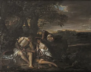 A sleeping couple, discovered by three women in an Arcadian landscape