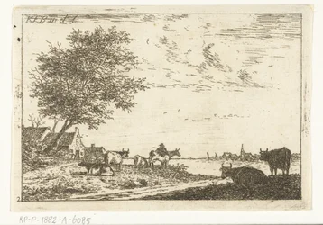 River Landscape with Farmer and Cows by Farm (Landscapes series)