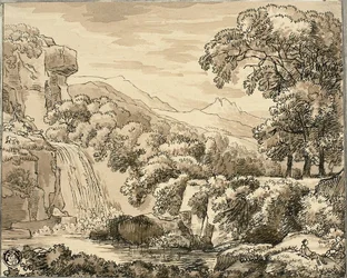 Mountain Landscape with Waterfall and Figures