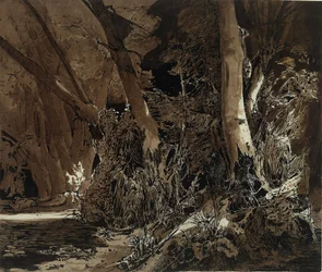 Forest Landscape with Flowing Water and Two Hunters