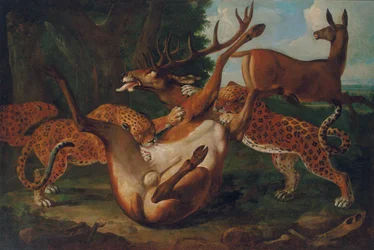 Leopards attacking deer in a landscape