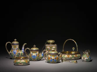 Hot Water Pot, Covered Sugar Bowl, Tea Caddy, Teapot, Sugar Tongs, Lemon Fork, Sugar Basket, Cake Basket, Cream Pitcher, Tea Strainer and Sugar Sifter, before 1896 and 1896-1906