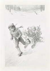 Two Children Riding through Winter Landscape