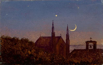 Gothic Church above Tree Tops in Moonlight (Small Moonlit Landscape with Little Church)
