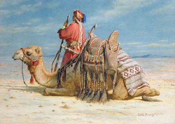 A Nomad and His Camel Resting in the Desert