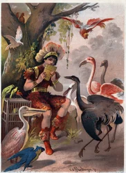 Papageno with a pan flute brings the birds from the forest. Illustration by Carl Offterdinger in The Magic Flute. Private collection