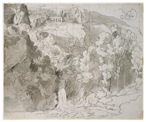 Landscape near Subiaco with a Waterfall and San Benedetto Monastery