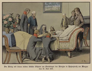 King Frederick William III of Prussia and his two eldest sons beside the deathbed of Queen Louise on the morning of 19 July 1810