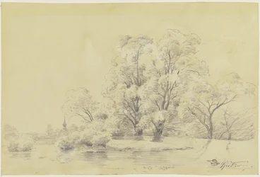 Landscape with Trees by the Water, in the Distance the Tower of a Village Church