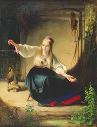 A Girl Feeding Hens