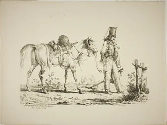 Hussar Walking in Front of His Horse, Smoking a Pipe