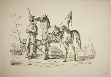 Lancer on Foot Walking Next to his Horse