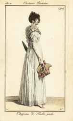 Woman holding a beaded straw hat, Paris