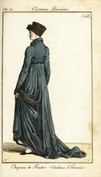 Woman in felt hat, long riding coat, men