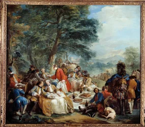 Hunting stop. A picnic of nobles during a hunting game. Painting by Charles Andre Van Loo. 18th century