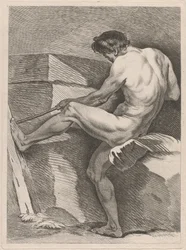 Man Pulling a Rope, His Foot Braced