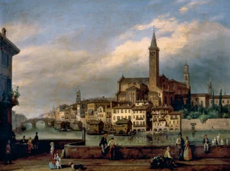 View Along Adige River in Verona, with Church of St Anastasia in Background
