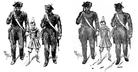 Pinocchio by Carlo Chiostri. Two gendarmes take the wooden puppet. The image on the left is Chiostri