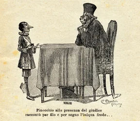 Pinocchio Facing the Judge. Illustration by Carlo Chiostri for the Novel “The Adventures of Pinocchio” by Carlo Lorenzini or Carlo Collodi 1924.