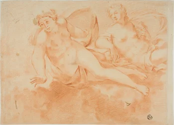 Two Cloud-Borne Nude Female Figures (front); Fragment of Reclining Figure (back)