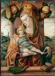 Virgin and Child. Behind them apples and a cucumber, below an open book (Bible). Tempera on wood by Carlo Crivelli (1430/35-1494/1500)