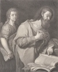Saint Matthew, standing before a book at right with a hand on his chest, another man behind