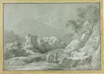 Two Monks Giving Water to a Woman and Child in the Wilderness