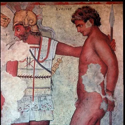 Representation of the sacrifice of Trojan prisoners in tribute to Patroclus (reproduction)