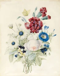A Spray of Flowers Including a Rose, a Blue Convolvulus and Pansies