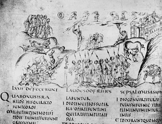 Illustration of various scenes from one of the Psalms, from the Utrecht Psalter, copy of original from Reims now in Utrecht University Library