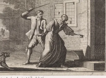 A Man Receives His Wife at Home with Blows from a Stick